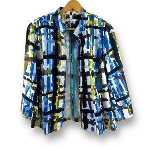 Erin Women's 1X Retro Windowpant Print Open Jacket Blue Green Artsy Maximalist